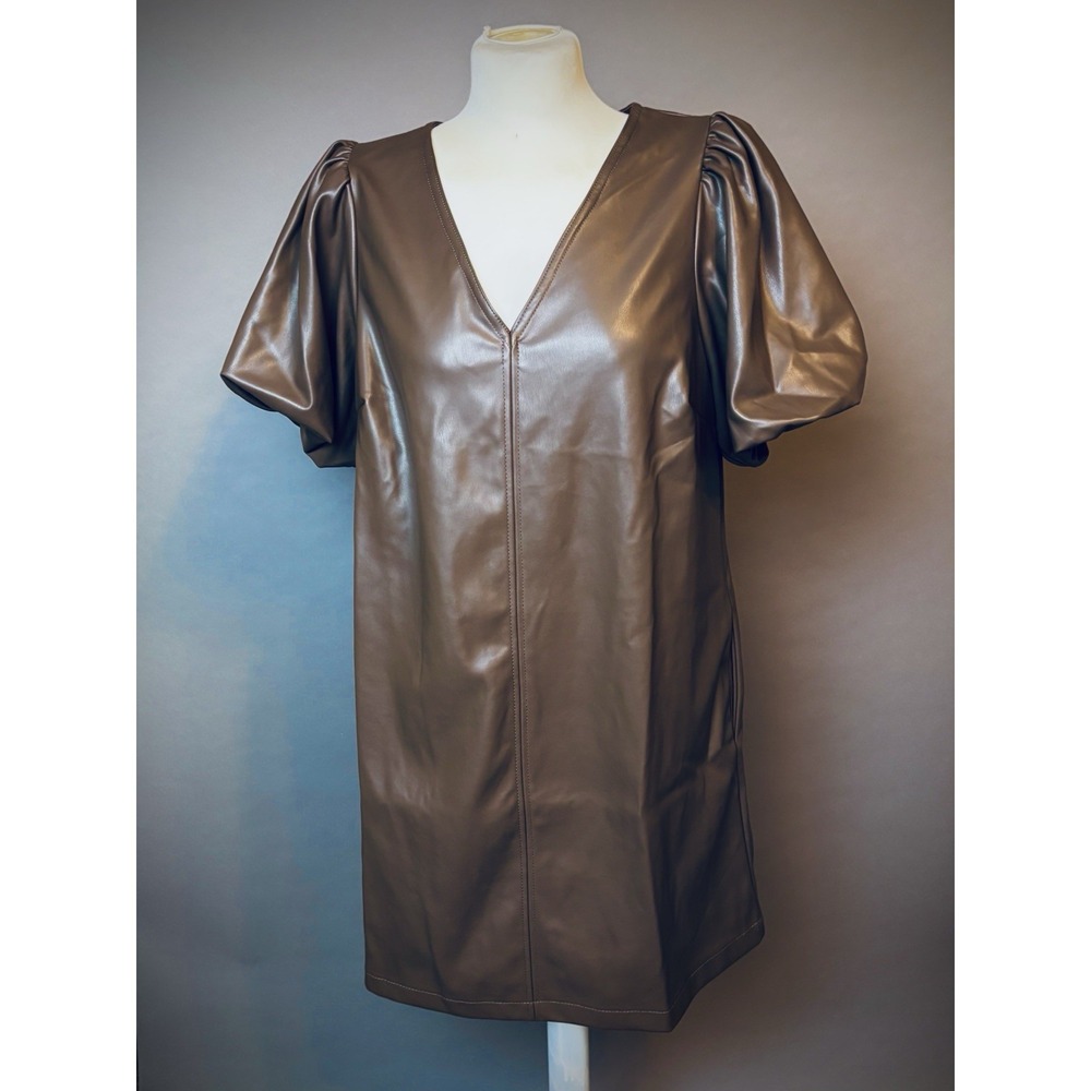NWT Steve Madden Tilly Faux Leather Mini Dress Coco Brown Puff Sleeve Size 12